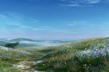 Colorful Wildflower Meadow With Misty Valley