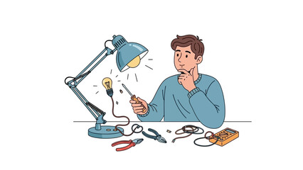 Vector illustration of a thoughtful man holding a screwdriver while trying to fix a broken desk lamp with various electrical tools