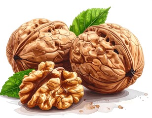 Three walnuts, one cracked open, with green leaves, on white backdrop