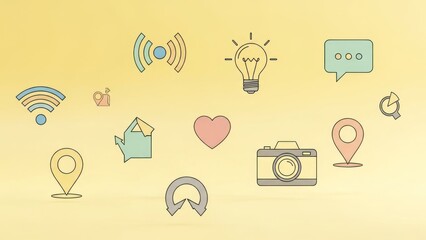 A collection of colorful icons on a yellow background.