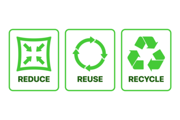 Three green glowing icons representing reduce reuse recycle symbols on a black background isolated on transparent background