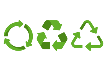 Three distinct green recycling symbols representing environmental conservation and sustainability isolated on transparent background