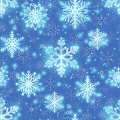 Beautifully detailed glowing white snowflakes with sparkling light effects on a deep blue background isolated on transparent background