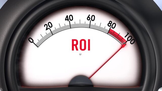 Roi meter that is hitting a full scale, increasing and high levels of roi, potential overload. Maximum roi value, off the charts.