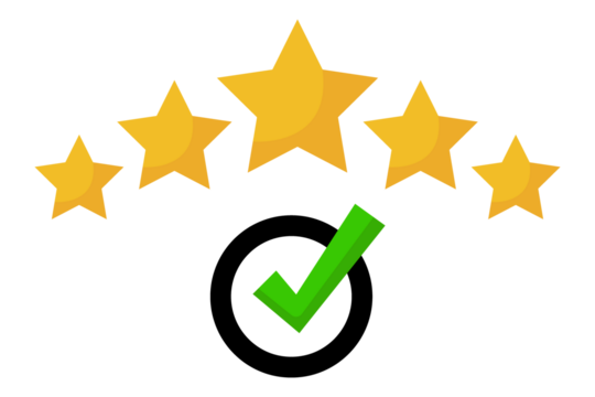 Five golden stars arranged in an arc above a green checkmark symbol indicating a perfect rating or successful completion isolated on transparent background