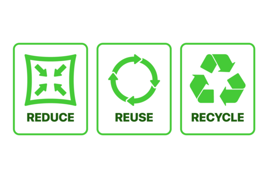 Three green glowing icons representing reduce reuse recycle symbols on a black background isolated on transparent background