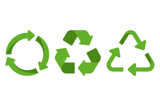 Three distinct green recycling symbols representing environmental conservation and sustainability isolated on transparent background