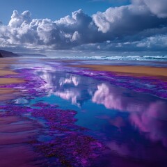 Fototapeta premium Colorful Purple Beach Reflection Of Clouds