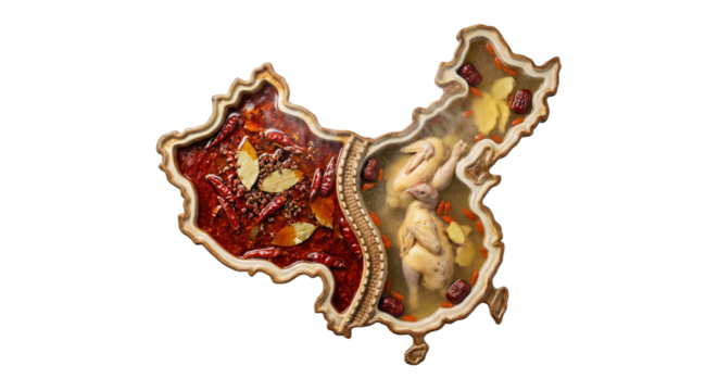 PNG cut out isolated background. A conceptual top-down view of a ceramic hot pot bowl shaped like the map of China, featuring a divider modeled after the Great Wall.