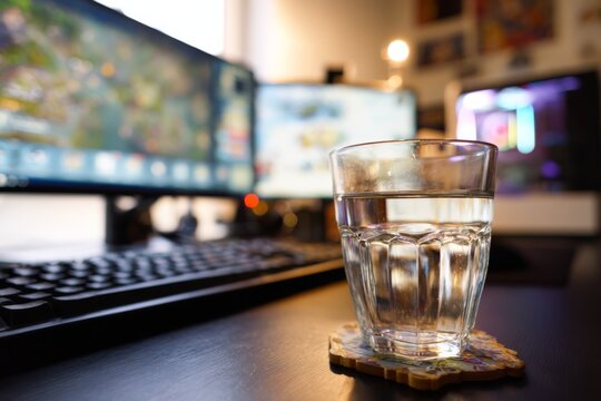 A clear glass of water on an ornate coaster with a softly lit computer desk in the background.