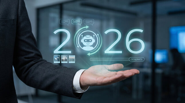 Businessman's hand interacting with a futuristic holographic display showing AI content generation for 2026, symbolizing future innovation and technology