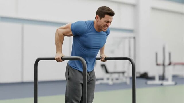 Man performing parallel bar dips exercise in gym setting