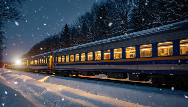Train travels through snowy forest at night, illuminated by warm lights, creating serene winter scene - Powered by Adobe