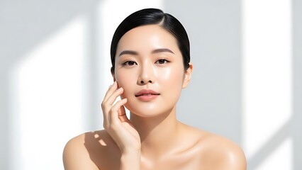 Young Asian woman touching her face with gentle morning light.