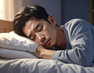 Tired man asleep in bed, natural light accenting his face