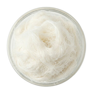 PNG cut out isolated background. A studio shot of a clear glass bowl filled with white Pashmak, also known as Persian cotton candy or Turkish Pişmaniye.