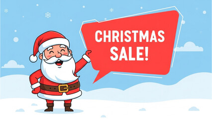 Smiling Santa Claus character in a snowy landscape promoting a big Christmas holiday sale