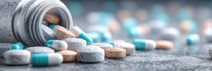 Against a blurred background, blue and white blister packs of antibiotic capsules and tablets are displayed. Online pharmacy banner. World Health Day. Pharmaceutical industry. Prescription drugs. Conc