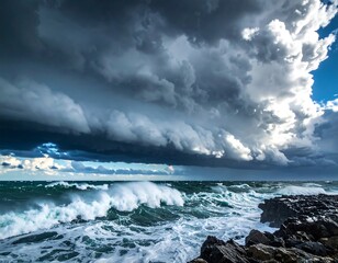 Dramatic seascape under turbulent, overcast skies with crashing waves