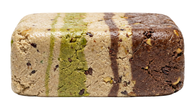 PNG cut out isolated background. A studio shot of a rectangular block of marbled halva, a traditional Middle Eastern confection.