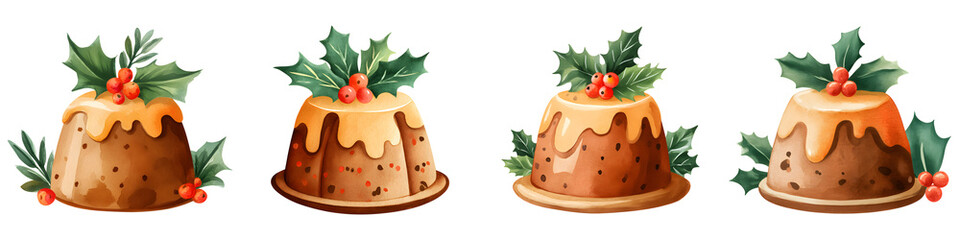 Set of Christmas watercolor puddings with holly, isolated on transparent background