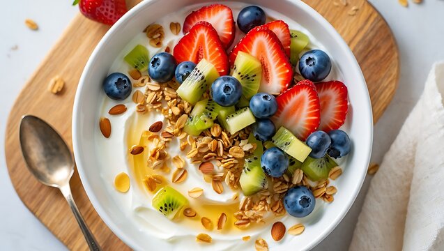 White bowl of yogurt with strawberries blueberries kiwi and granola