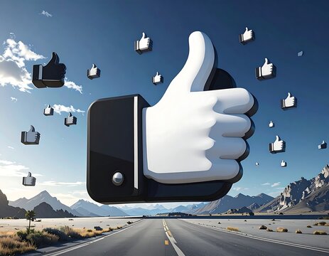 Large hand giving a thumbs up symbol over a highway - Powered by Adobe