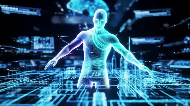 Futuristic digital human hologram interacting with virtual interface in cybernetic environment