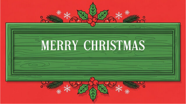 Merry Christmas Greeting with Holly and Snowflakes on a Red Background