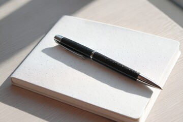 A metallic pen resting on a table with a notebook in warm natural light.