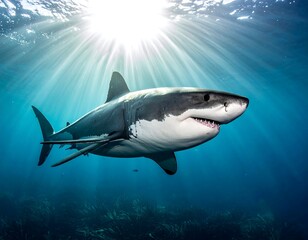 Fototapeta premium Large marine predator swims through illuminated ocean depths