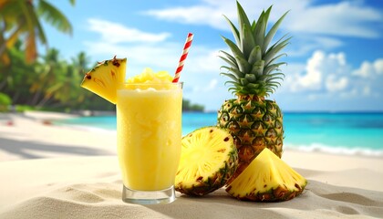 Tropical pineapple smoothie on a sandy beach