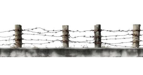 Barbed wire fence with concrete posts isolated on a transparent background