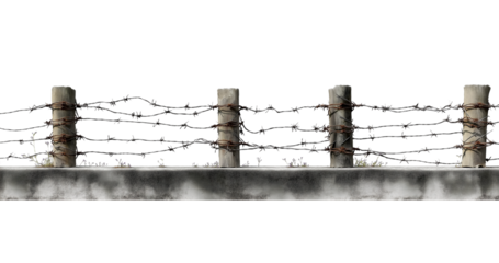 Barbed wire fence with concrete posts isolated on a transparent background