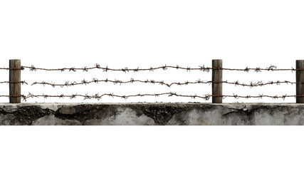 Barbed Wire Fence on Concrete Barrier isolated on a transparent background
