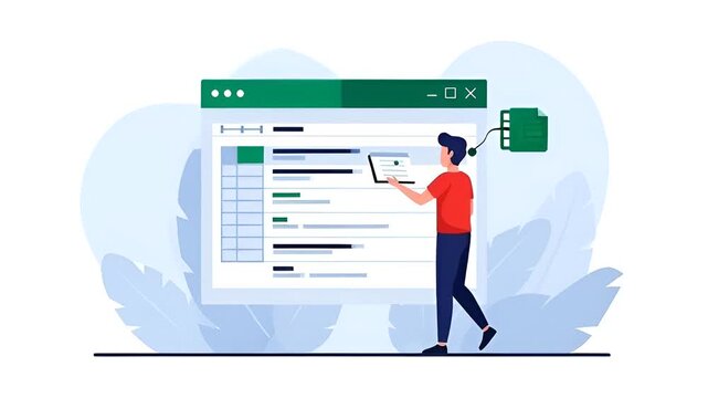 Animated man interacts with interactive dashboard and spreadsheet, data analysis and digital