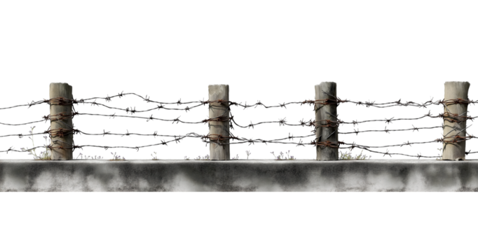 Barbed wire fence with concrete posts isolated on a transparent background