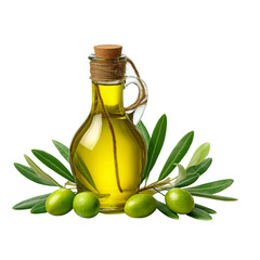 Glass bottle of olive oil with olives isolated on a transparent background 1