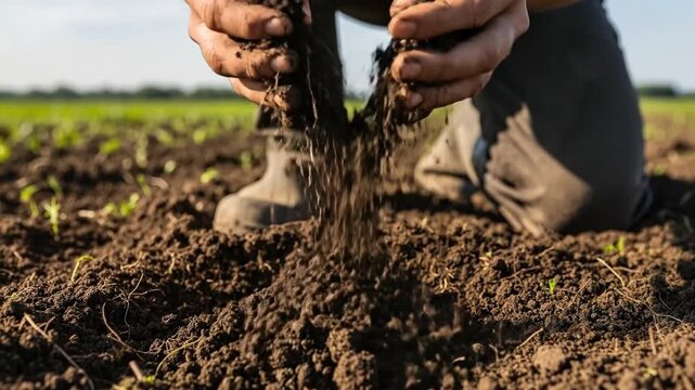 Hands examining rich soil on a sunny day in the agricultural field