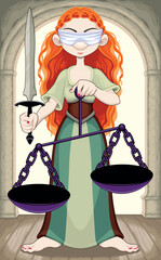 Representation of the goddess of Justice. Vector cartoon illustration.