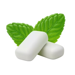 Two white gum pieces with mint leaves isolated on a transparent background 1