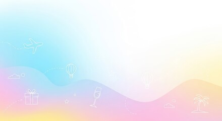 A colorful abstract background with waves and various icons, including a plane, a champagne glass, a hot air balloon, a gift box, a star, a palm tree, and a cloud.