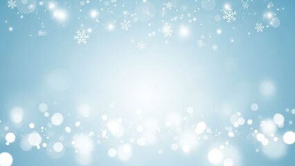 A blue and white winter background with snowflakes and bokeh lights.