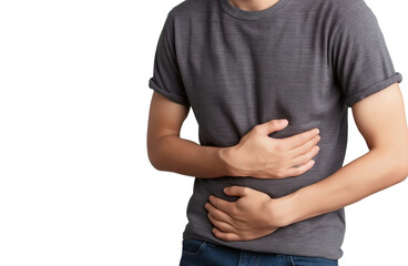 Person holding stomach in pain isolated on a transparent background