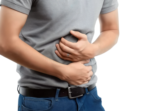 Man holding stomach in pain isolated on a transparent background 2
