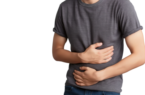 Person holding stomach in pain isolated on a transparent background