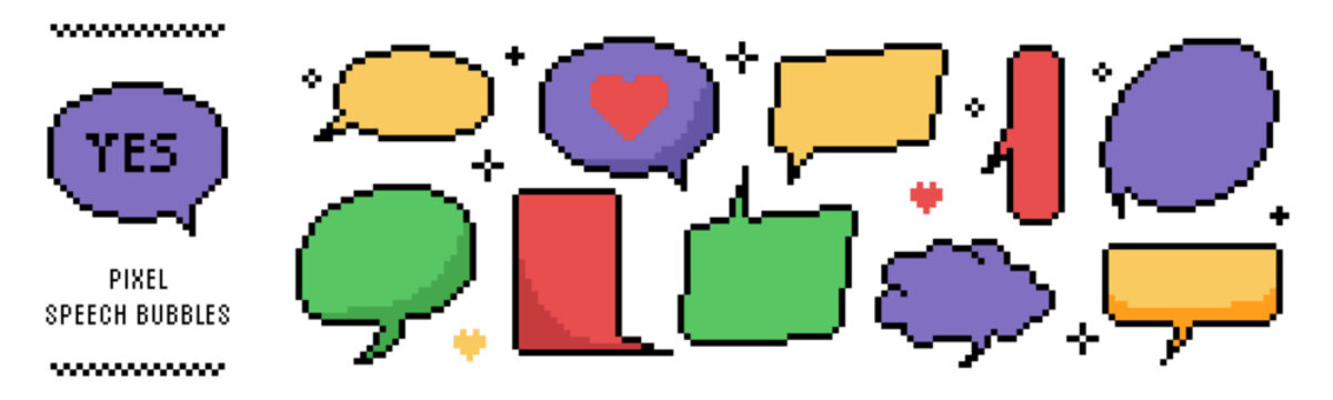 Pixel style dialogue boxes collection. Empty message balloons in different shapes. 8 bit retro game style.