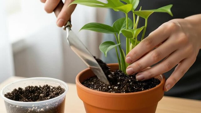 Hands planting green foliage in terracotta pot with gardening tool