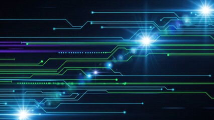 Abstract digital circuit board with glowing lines and light flares representing data flow and technology.