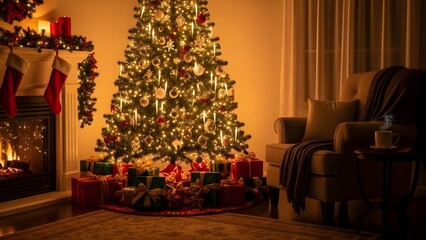 A cozy holiday interior glowing with festive cheer. The scene is set with a sparkling tree, presents wrapped in red and green, and an inviting armchair.